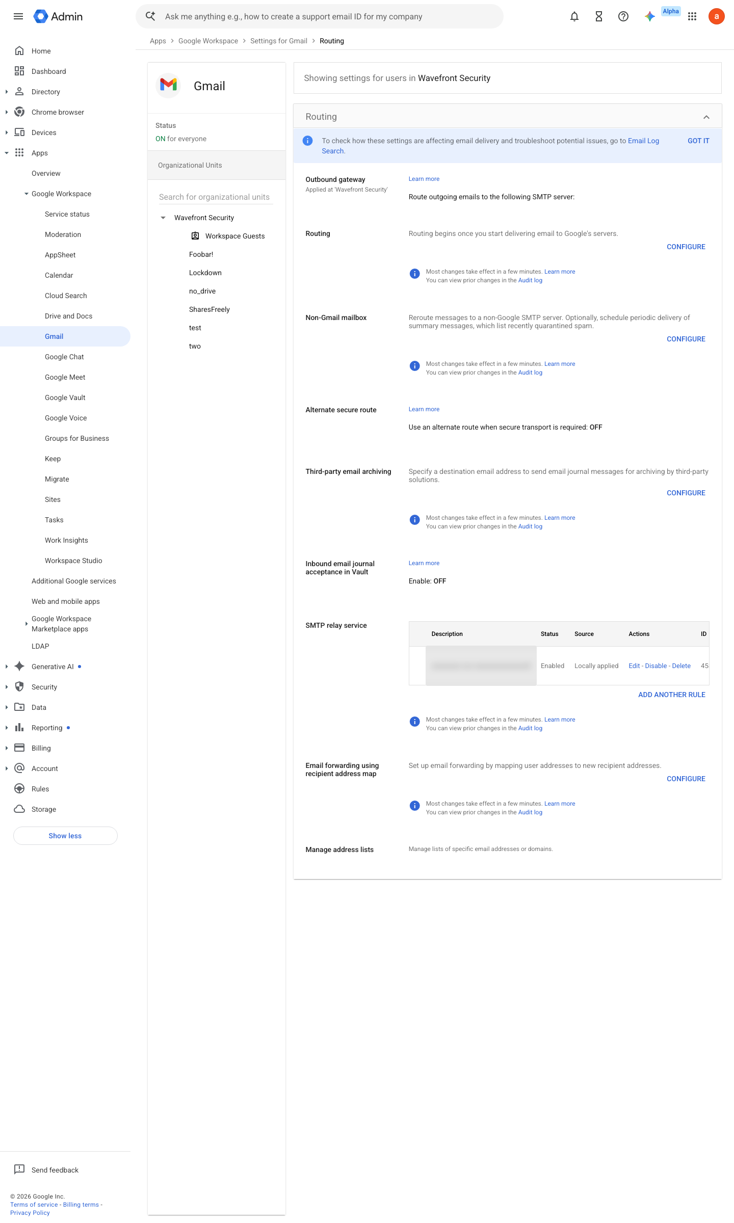 Admin console screen — Apps > Google Workspace > Gmail > Routing