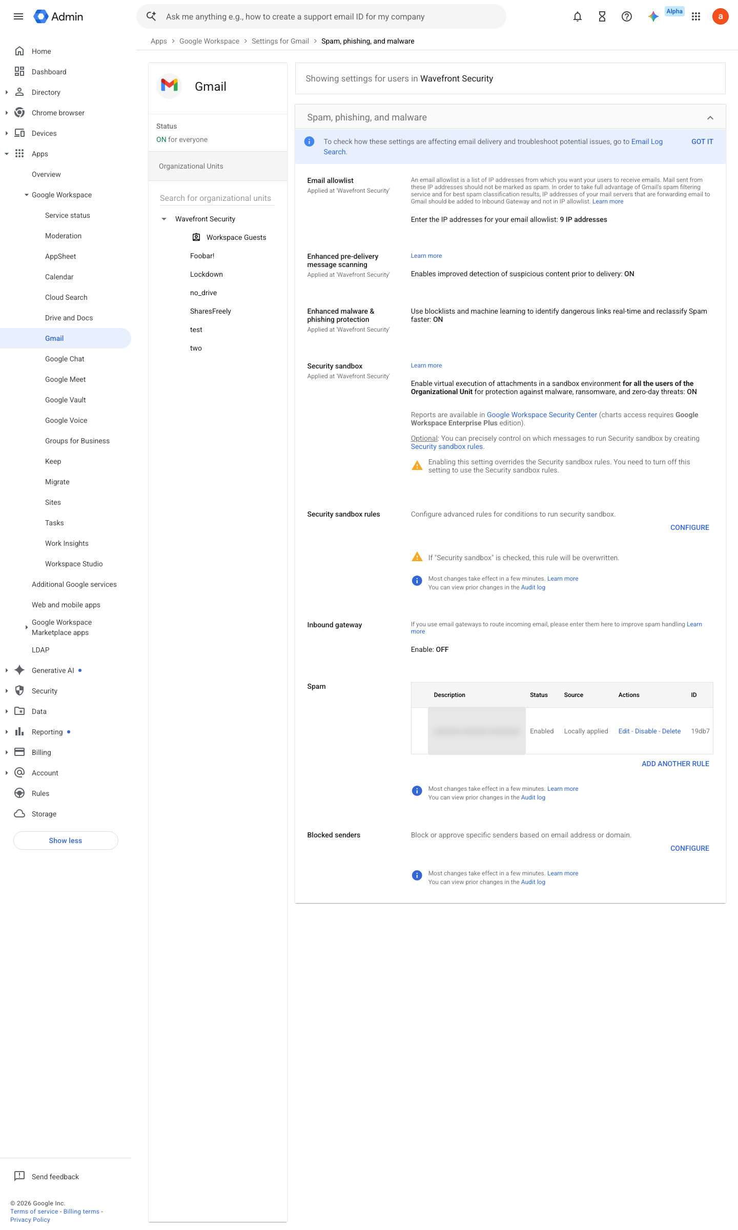 Admin console screen — Apps > Google Workspace > Gmail > Spam, Phishing and Malware (Security Sandbox)