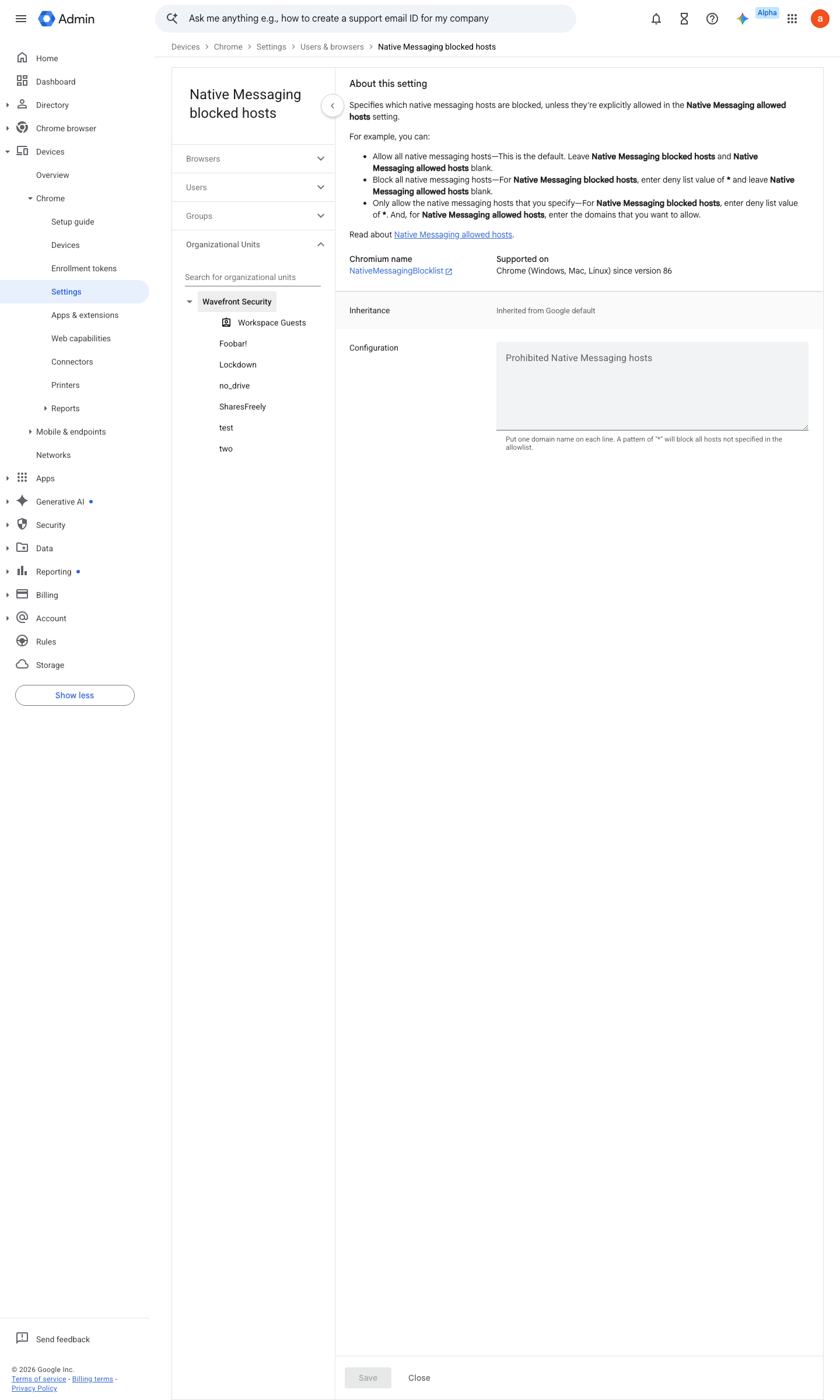 Admin console screen — Devices > Chrome > Settings > Users & browsers > Native messaging blocked