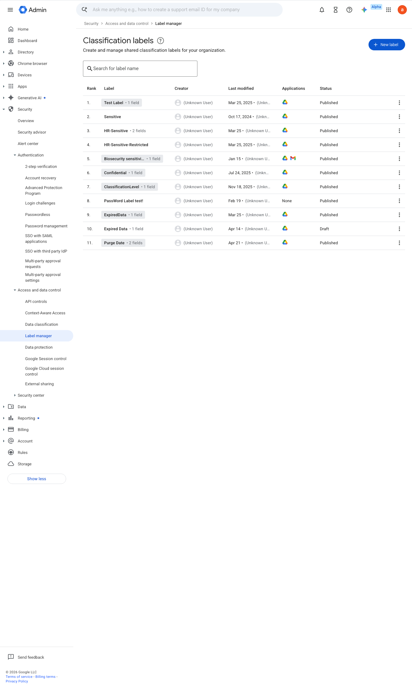 Admin console screen — Security > Access and data control > Label manager (enclave label)