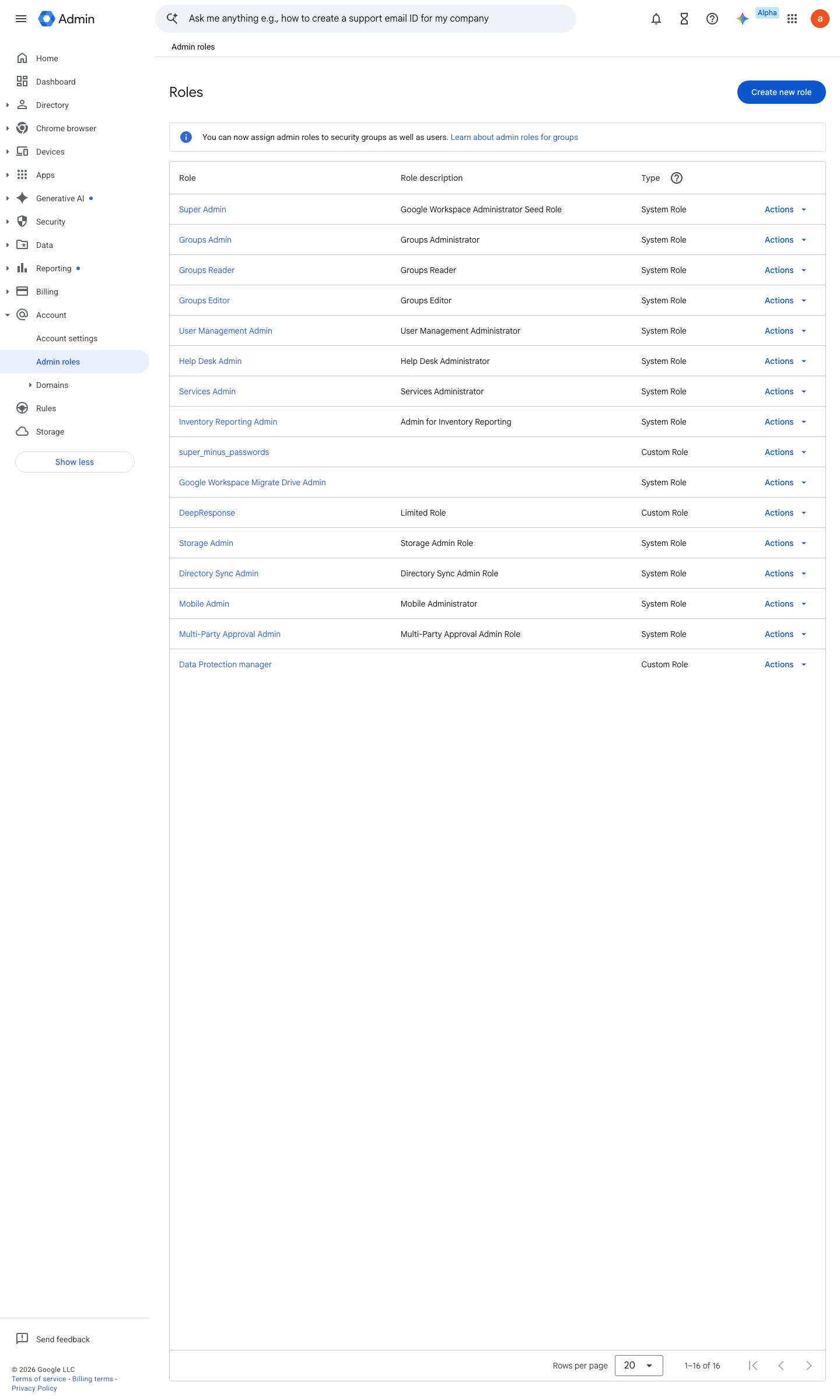 Admin console screen — Account > Admin roles (least-privilege custom role for the reconciler)