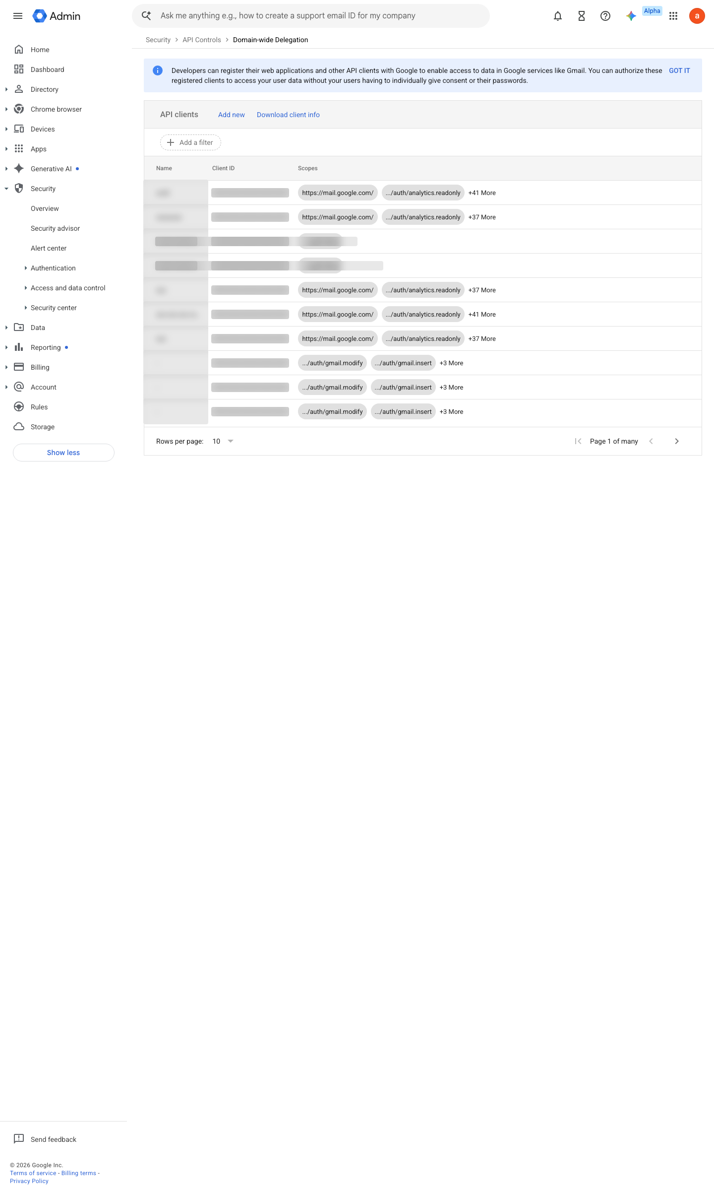 Admin console screen — Security > Access and data control > API controls > Manage Domain Wide Delegation (confirm the reconciler is NOT delegated for Admin SDK work — it authenticates as itself)